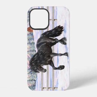 Black Friesian Draft Horse In Snow iPhone 12 Case