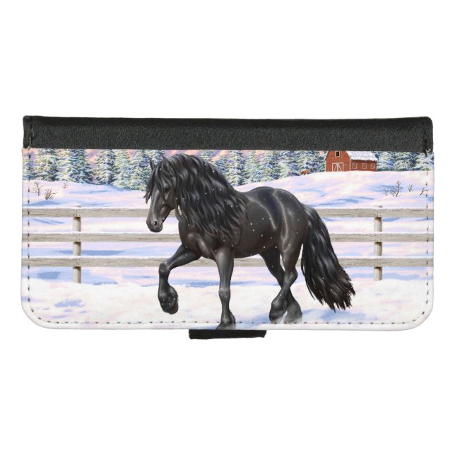 Black Friesian Draft Horse In Snow iPhone Wallet Case (Front (Horizontal))