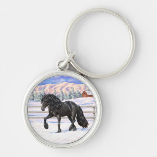 Black Friesian Draft Horse In Snow Keychain