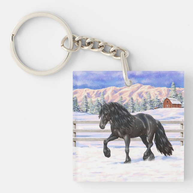 Black Friesian Draft Horse In Snow Keychain (Front)