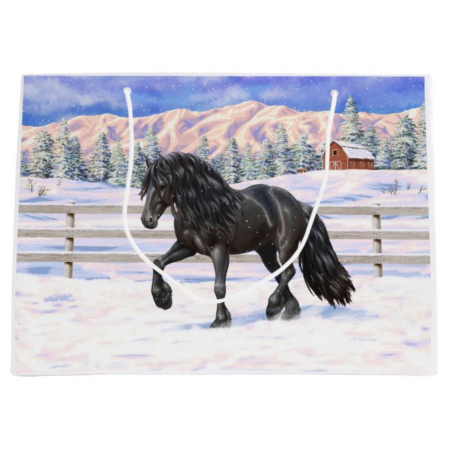 Black Friesian Draft Horse In Snow Large Gift Bag (Front)