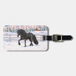 Black Friesian Draft Horse In Snow Luggage Tag