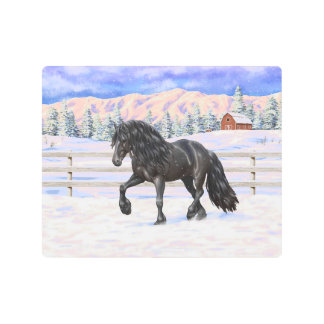 Black Friesian Draft Horse In Snow Metal Print