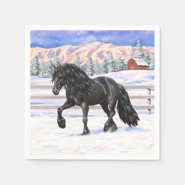 Black Friesian Draft Horse In Snow Napkins (Front)