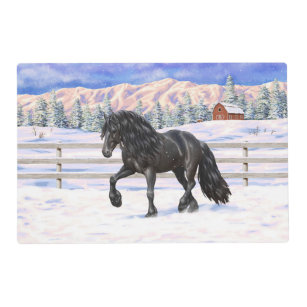 Black Friesian Draft Horse In Snow Placemat