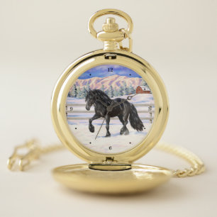 Black Friesian Draft Horse In Snow Pocket Watch