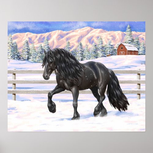 Black Friesian Draft Horse In Snow Poster