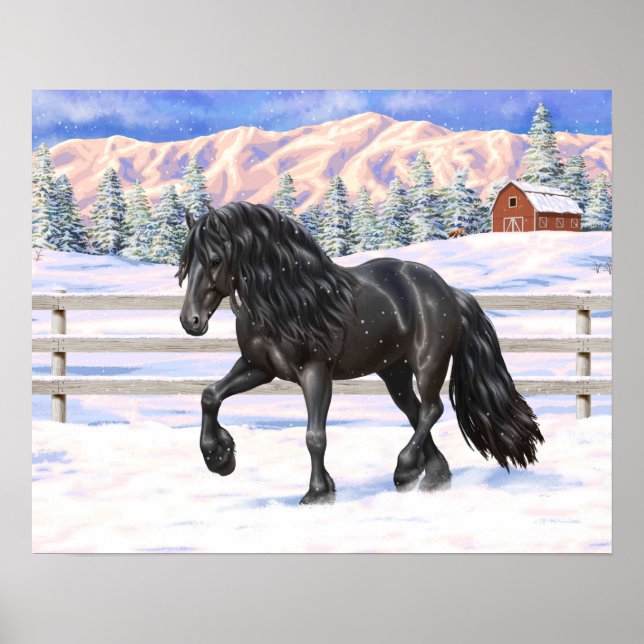 Black Friesian Draft Horse In Snow Poster (Front)