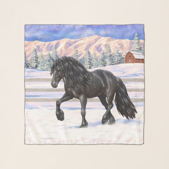 Black Friesian Draft Horse In Snow Scarf (Front)