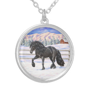 Black Friesian Draft Horse In Snow Silver Plated Necklace