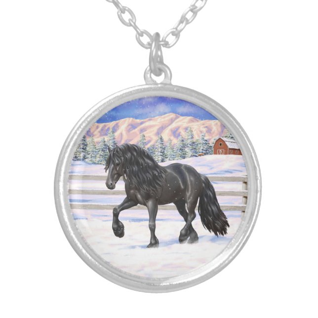 Black Friesian Draft Horse In Snow Silver Plated Necklace (Front)