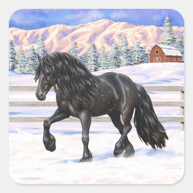 Black Friesian Draft Horse In Snow Square Sticker (Front)