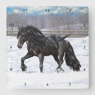 Black Friesian Draft Horse In Snow Square Wall Clock