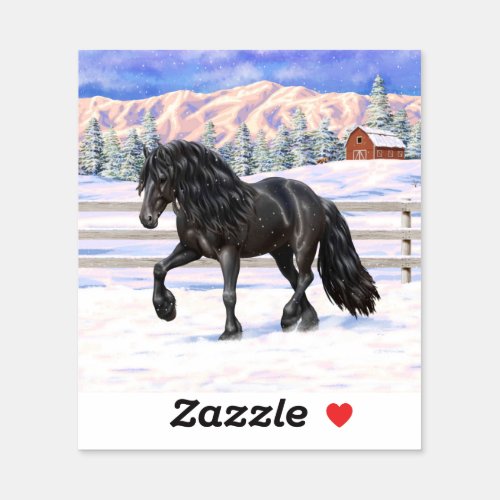 Black Friesian Draft Horse In Snow Sticker