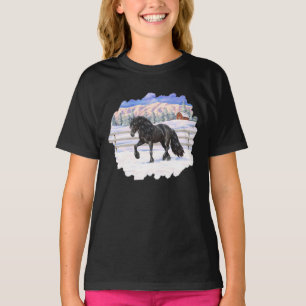 Black Friesian Draft Horse In Snow T-Shirt