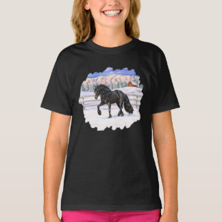 Black Friesian Draft Horse In Snow T-Shirt