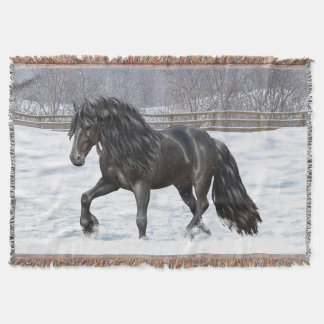 Black Friesian Draft Horse In Snow Throw Blanket