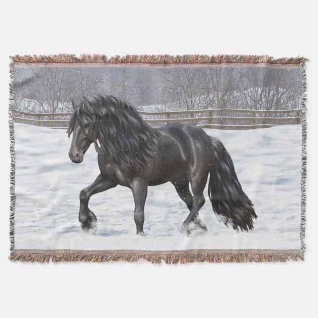 Black Friesian Draft Horse In Snow Throw Blanket (Front)