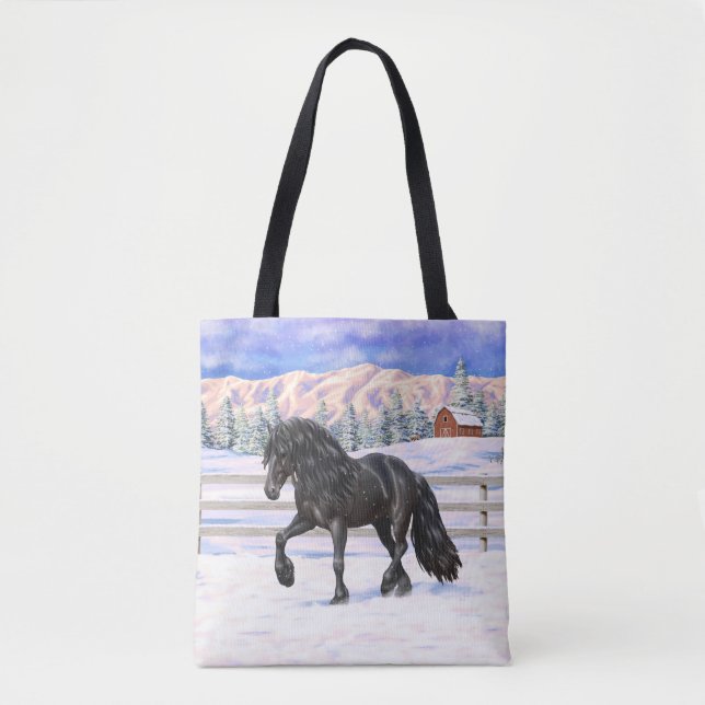 Black Friesian Draft Horse In Snow Tote Bag (Front)