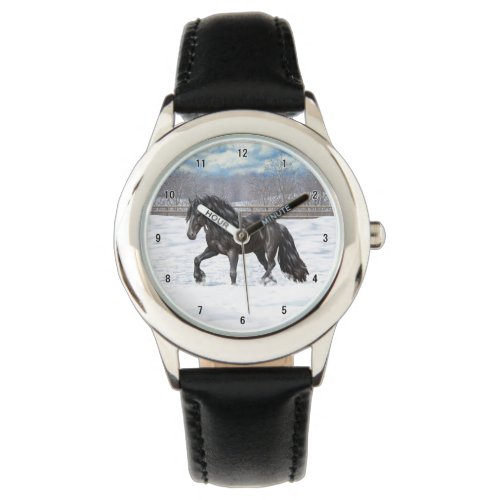 Black Friesian Draft Horse In Snow Watch