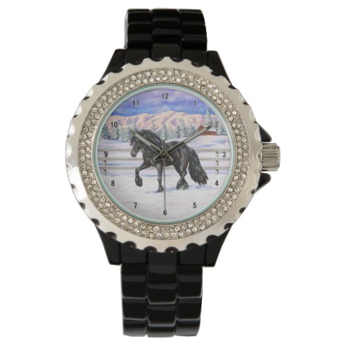 Black Friesian Draft Horse In Snow Watch