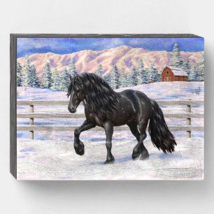 Black Friesian Draft Horse In Snow Wooden Box Sign