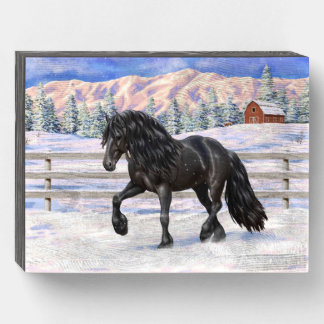 Black Friesian Draft Horse In Snow Wooden Box Sign