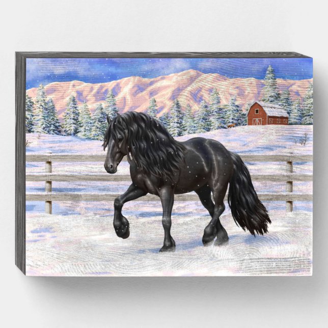 Black Friesian Draft Horse In Snow Wooden Box Sign (Front Horizontal)