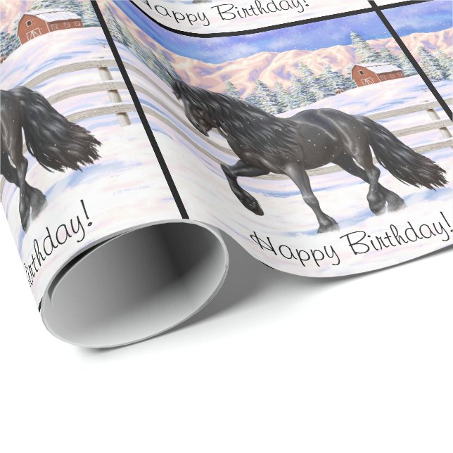 Black Friesian Draft Horse In Snow Wrapping Paper (Roll Corner)