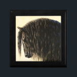 Black Friesian Draft Horse Keepsake Box<br><div class="desc">Black Friesian horse with a long wavy mane showing warm yellow highlights from late afternoon sunlight. Realistic artwork created from an original oil painting by equine and wildlife artist Crista S. Forest.</div>