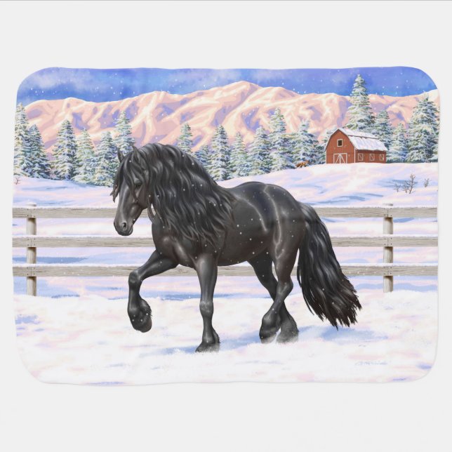 Black Friesian Draft Horse Trotting In Snow Baby Blanket (Horizontal)