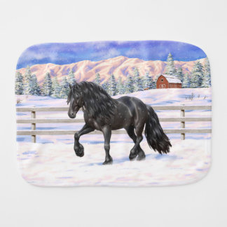 Black Friesian Draft Horse Trotting In Snow Baby Burp Cloth