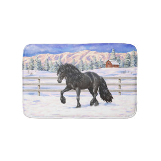 Black Friesian Draft Horse Trotting In Snow Bath Mat