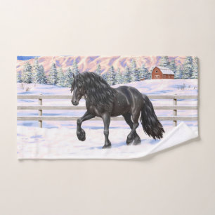 Black Friesian Draft Horse Trotting In Snow Bath Towel Set