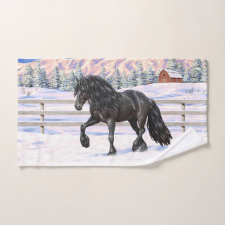 Black Friesian Draft Horse Trotting In Snow Bath Towel Set