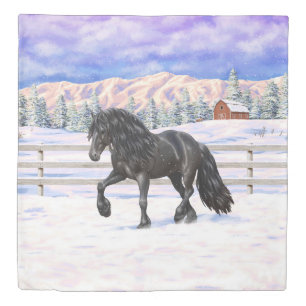 Black Friesian Draft Horse Trotting In Snow Duvet Cover