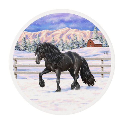 Black Friesian Draft Horse Trotting In Snow Edible Frosting Rounds