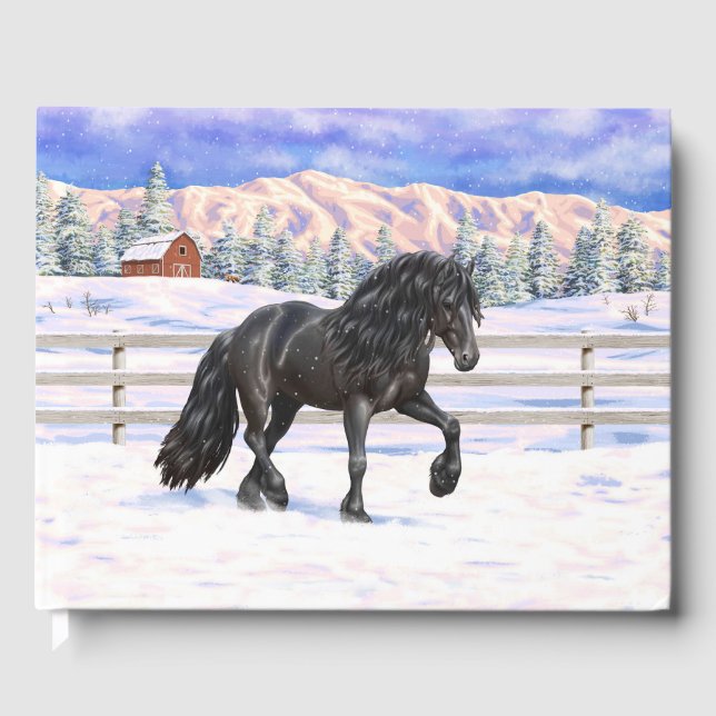 Black Friesian Draft Horse Trotting In Snow Guest Book (Front)
