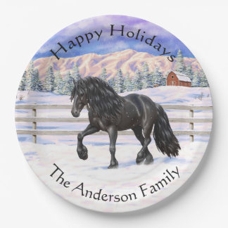 Black Friesian Draft Horse Trotting In Snow Paper Plates