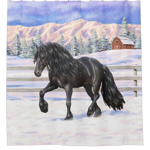 Black Friesian Draft Horse Trotting In Snow Shower Curtain