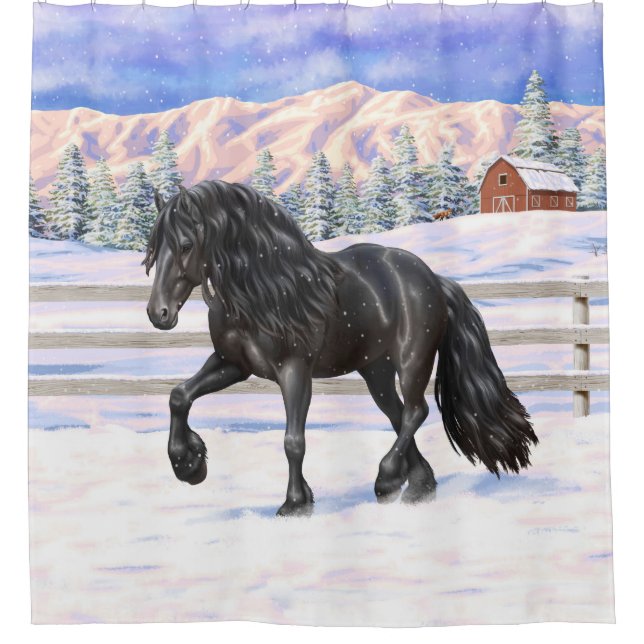 Black Friesian Draft Horse Trotting In Snow Shower Curtain (Front)