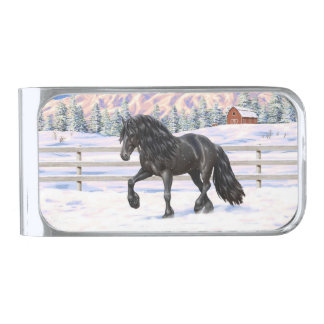 Black Friesian Draft Horse Trotting In Snow Silver Finish Money Clip