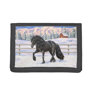 Black Friesian Draft Horse Trotting In Snow Tri-fold Wallet