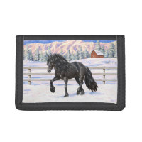 Black Friesian Draft Horse Trotting In Snow
