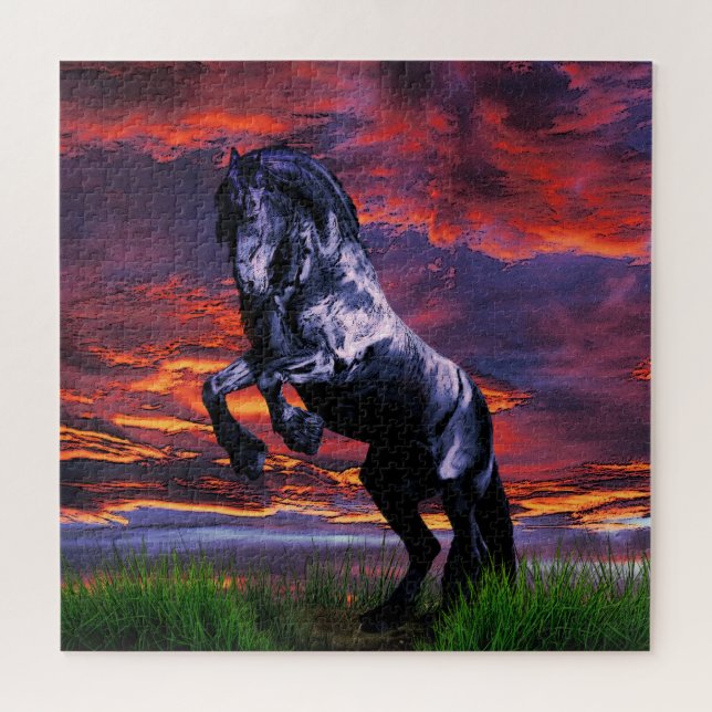 Black Friesian/frisian stallion sunset - cartooned Jigsaw Puzzle (Horizontal)