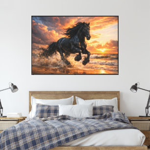 Black Friesian Horse at Sunset, Powerful Beach Run Canvas Print