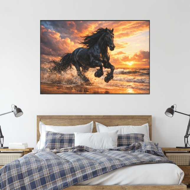 Black Friesian Horse at Sunset, Powerful Beach Run Canvas Print (Insitu(Bedroom))