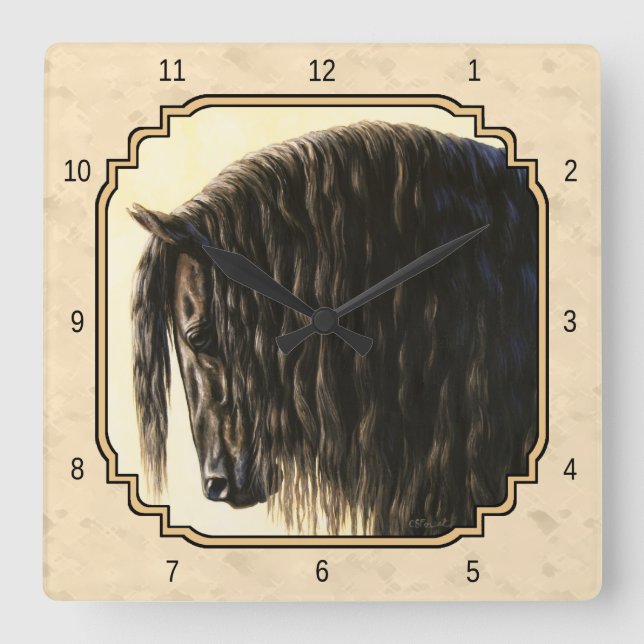 Black Friesian Horse Beige Square Wall Clock (Front)