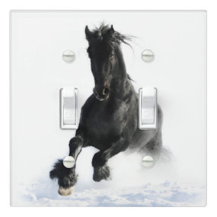 Black Friesian Horse In Snow Light Switch Cover