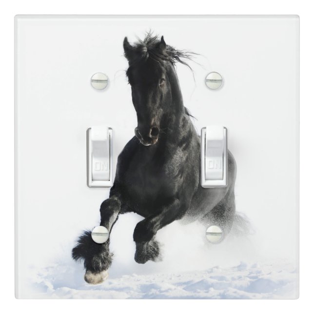 Black Friesian Horse In Snow Light Switch Cover (In Situ)